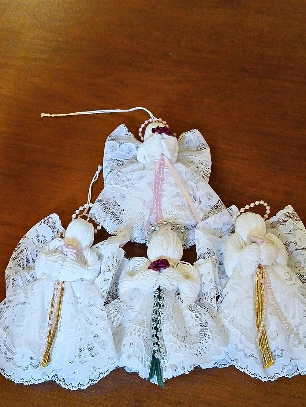 Handmade Vintage Lace Angel Ornaments Set of 4 " White & Pink Christmas Holiday